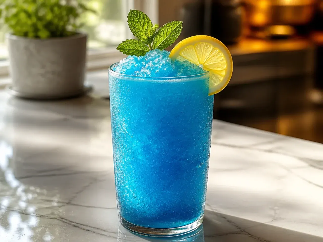 Electric blue raspberry slush in a plastic cup with a dome lid and straw
