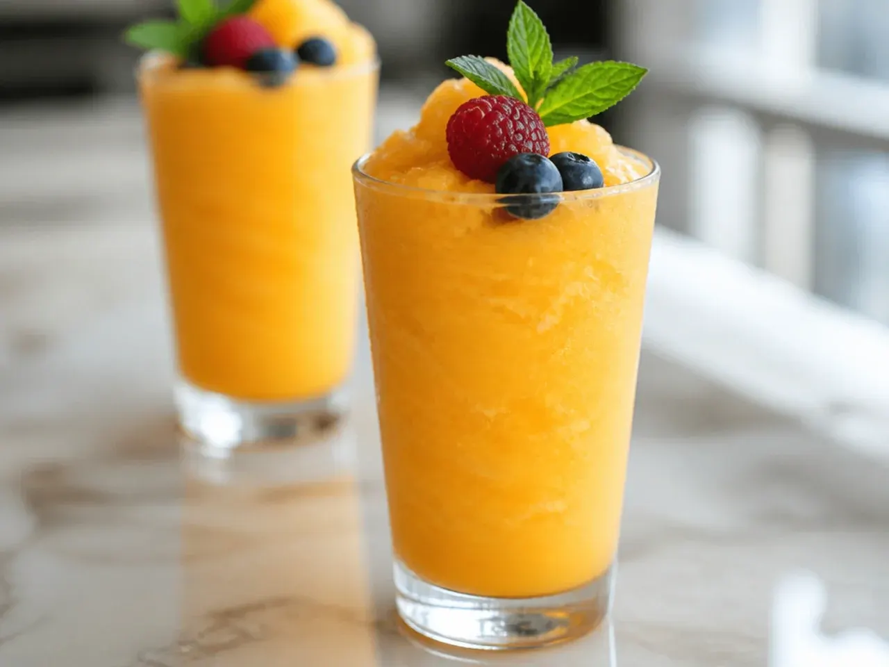 Golden orange mango peach slush in a cup with a straw, blended smooth