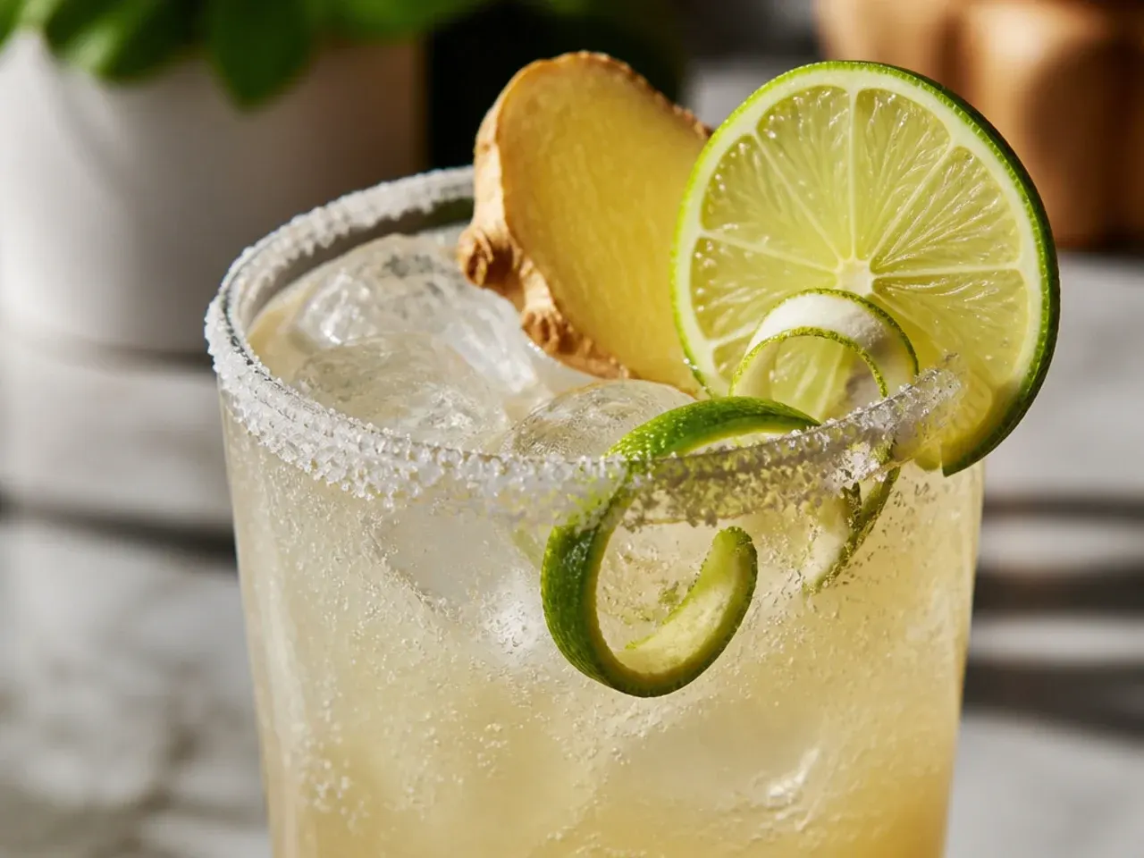 Amber ginger lime fizz in a glass with fresh ginger slices and a lime wheel