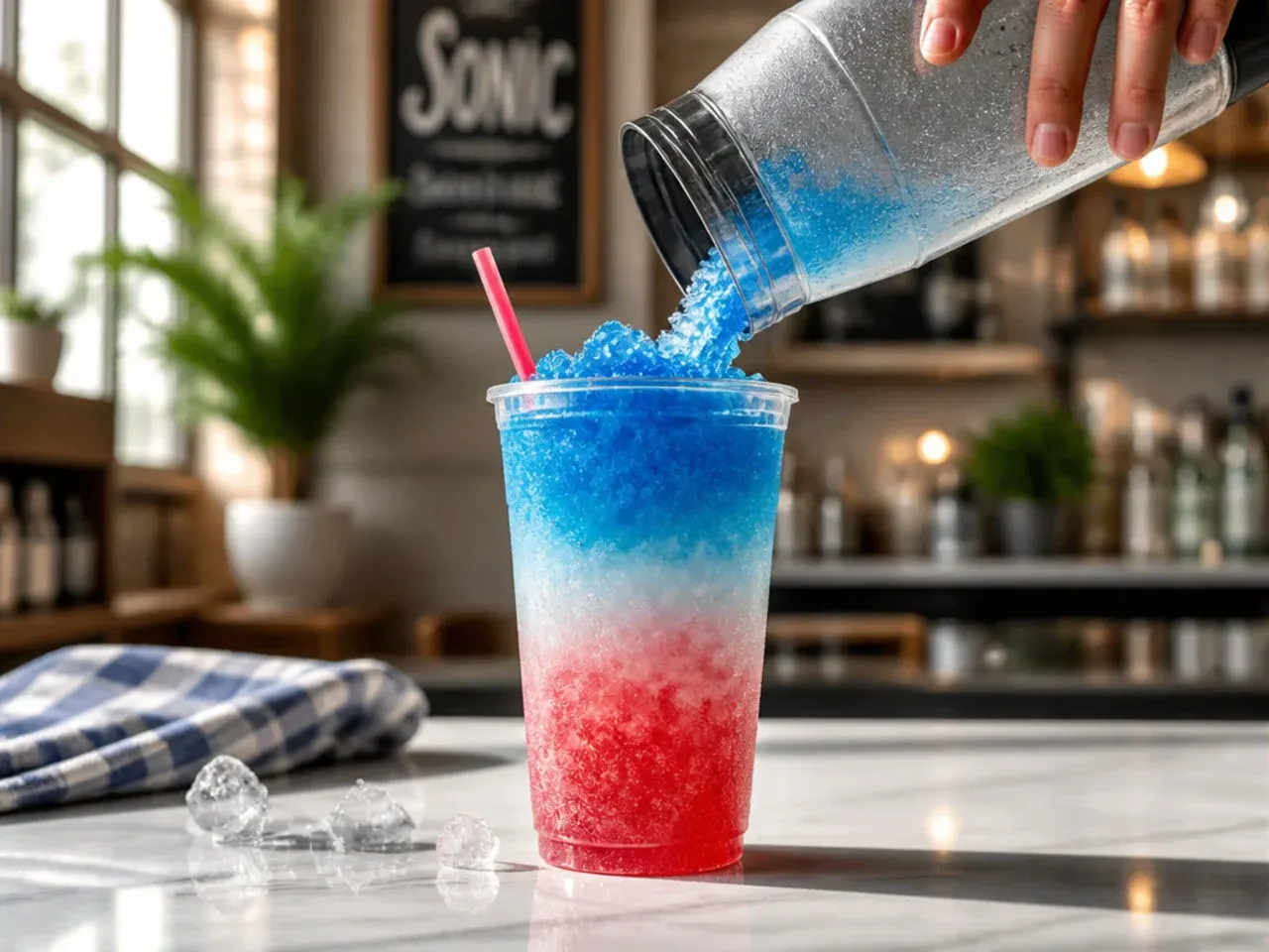 Layered red white and blue slush drink showing three distinct colour stripes in a clear cup