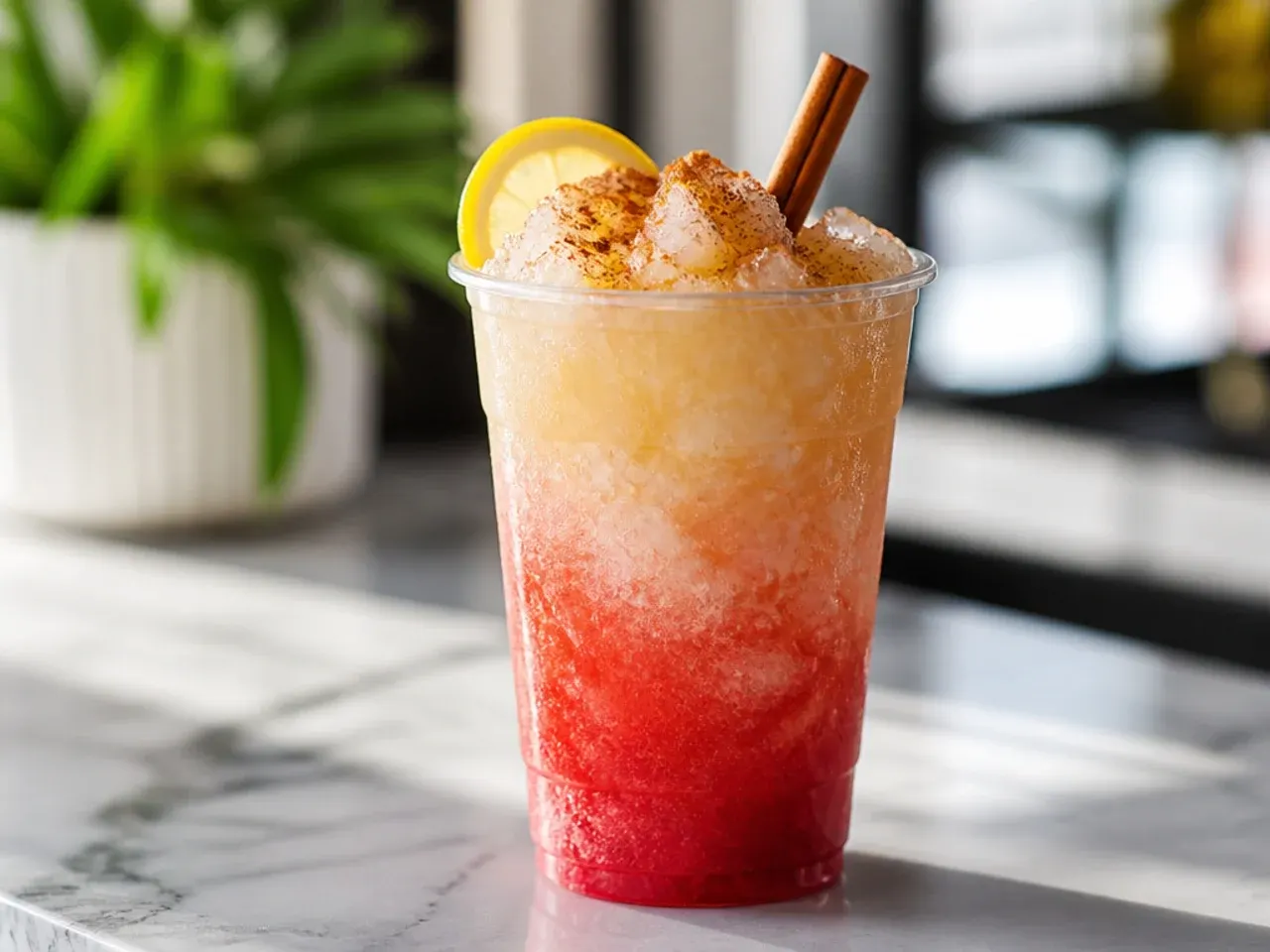Lemonberry slush float with vanilla ice cream and fresh strawberry slices on top