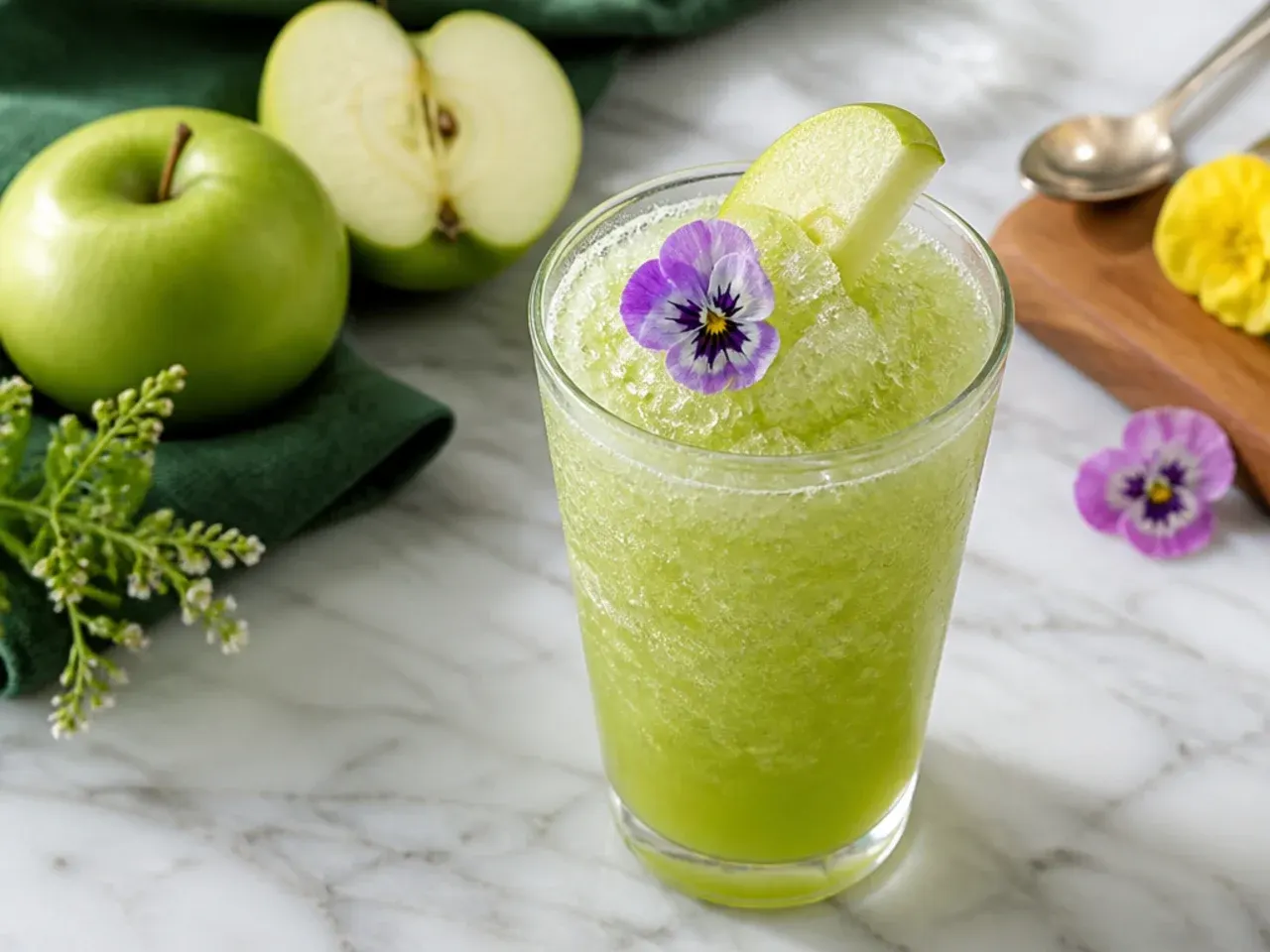 Bright green sour apple slush in a plastic cup with a straw and lime garnish