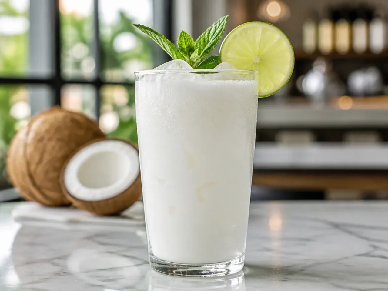 Creamy coconut cooler in a glass with a toasted coconut rim and lime wedge