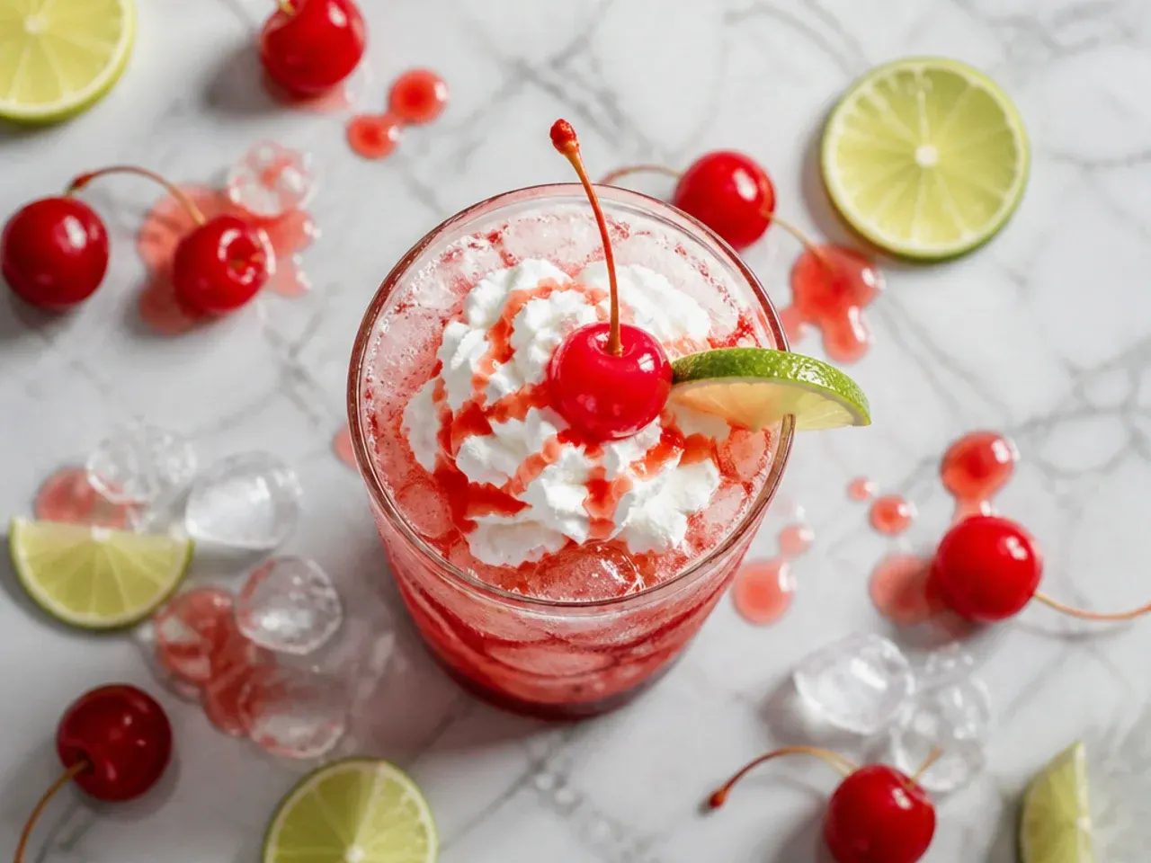 Cherry limeade float with vanilla ice cream floating on top and cherry garnish