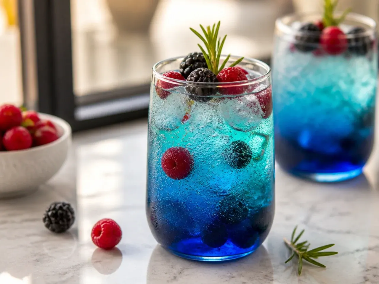 Turquoise Mermaid Water copycat drink in a clear cup with crushed ice