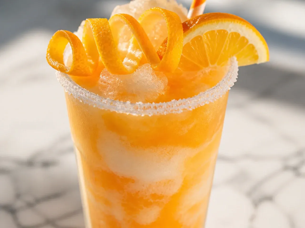 Pale orange cream slush in a cup with an orange zest garnish, resembling a creamsicle
