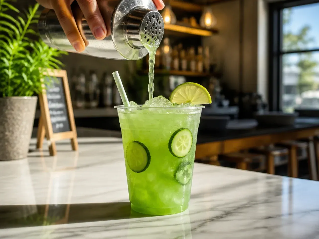 Pale green cucumber lime splash drink in a glass with a cucumber ribbon garnish