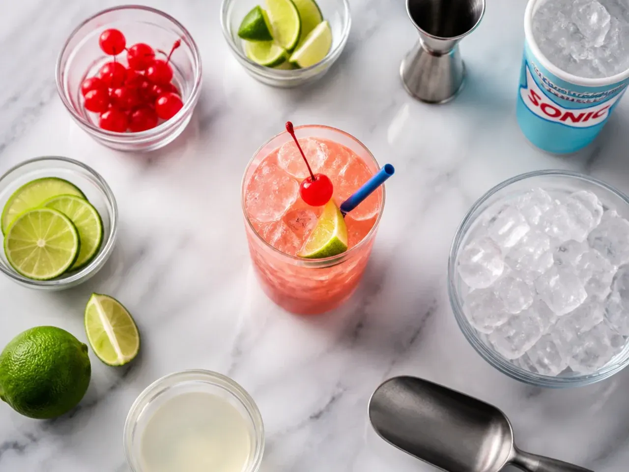 Hands preparing copycat summer drinks with syrup bottles, crushed ice, and glasses lined up