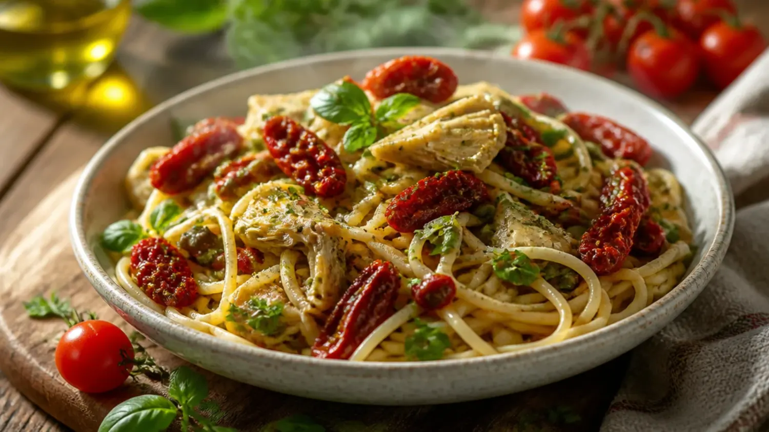 A skillet of creamy sun-dried tomato chicken in a rich parmesan and spinach sauce, garnished with torn fresh basil