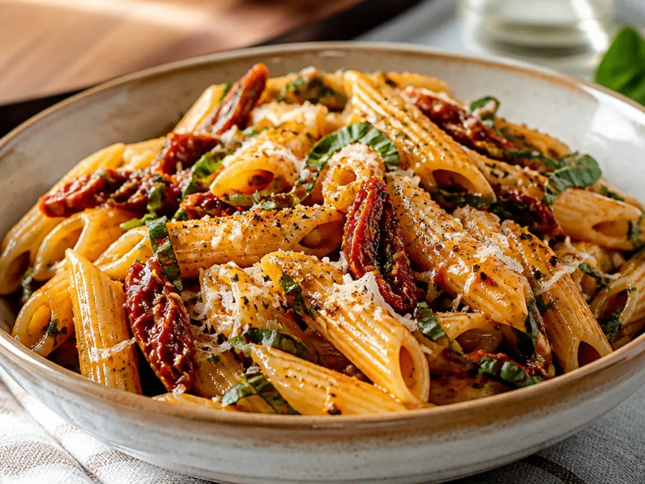 An open jar of oil-packed sun-dried tomatoes next to a wooden spoon and fresh basil leaves on a kitchen counter