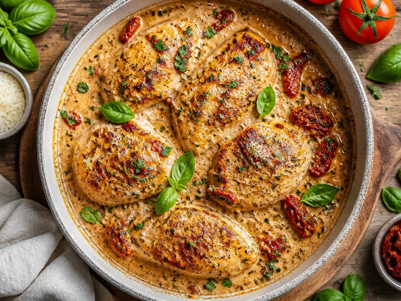 Seared chicken breasts nestled in a creamy sun-dried tomato and parmesan sauce in a stainless steel skillet