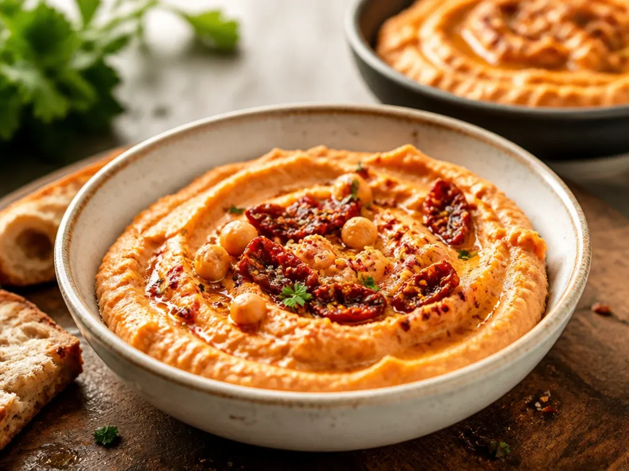 A bowl of pale orange sun-dried tomato hummus swirled on top with a drizzle of oil and paprika