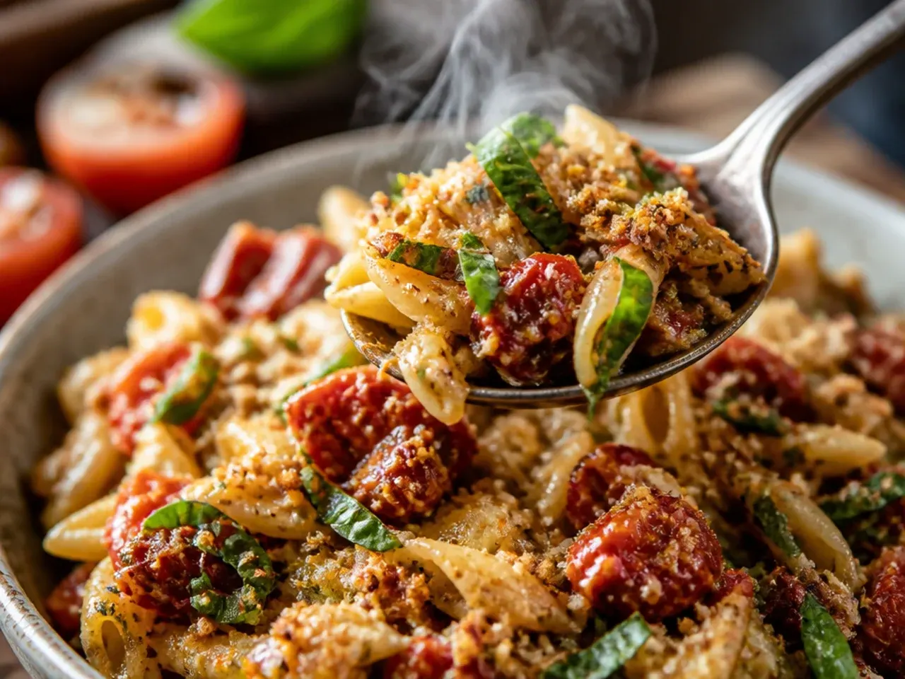 A bowl of cold pasta salad with sun-dried tomatoes, mozzarella cubes and torn basil leaves