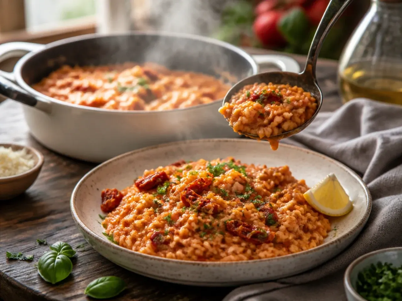 A creamy pan of sun-dried tomato risotto topped with grated parmesan and fresh herbs