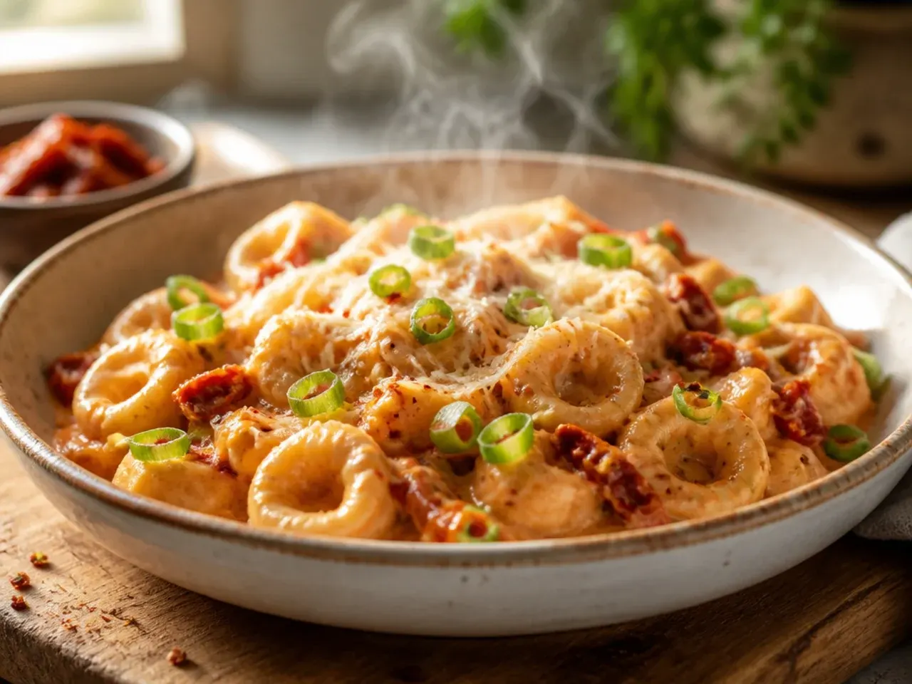 A pot of cheese tortellini coated in a creamy sun-dried tomato sauce with parmesan shavings on top