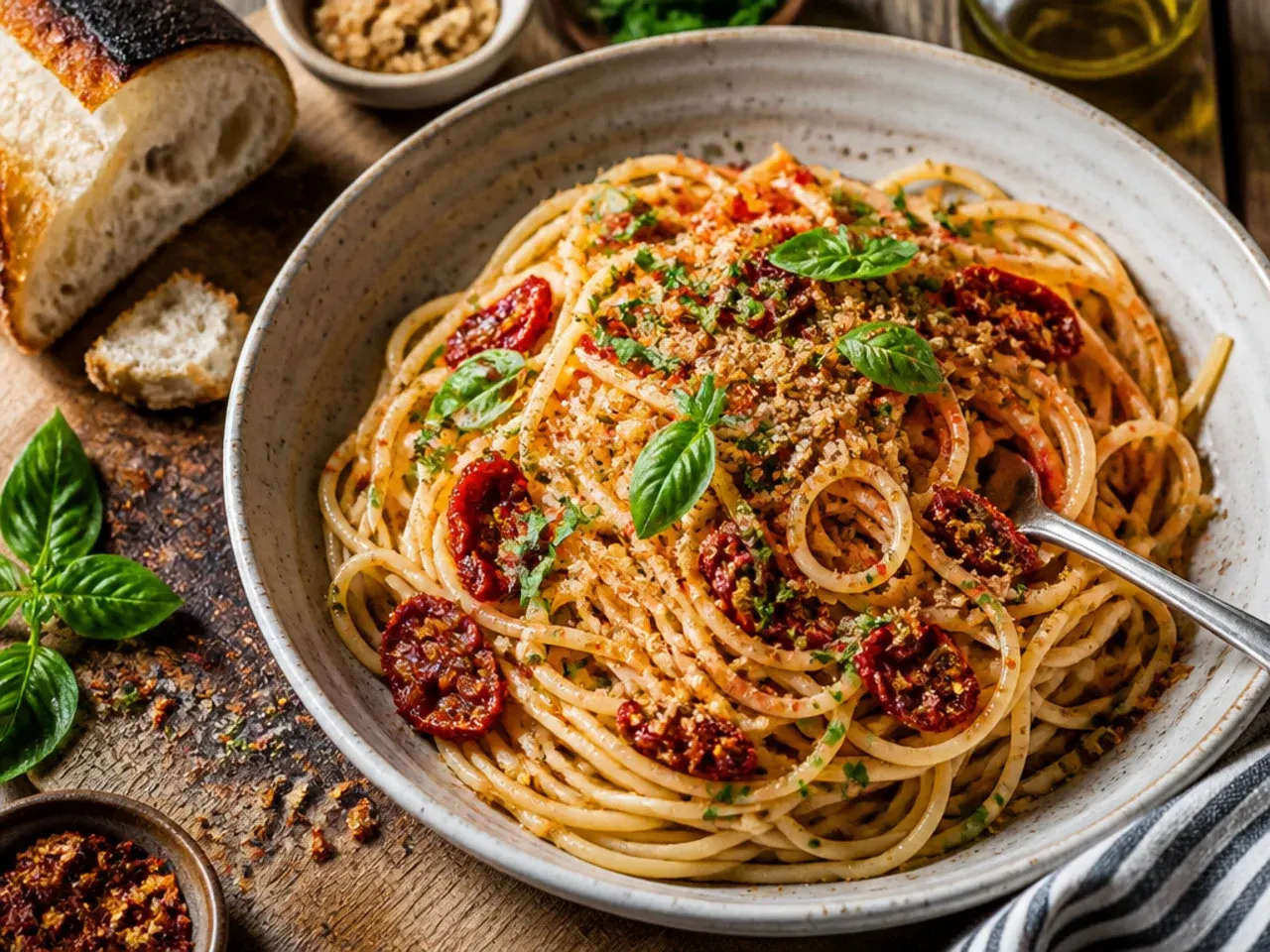 A twirl of spaghetti coated in an oily sun-dried tomato and chilli sauce on a white plate