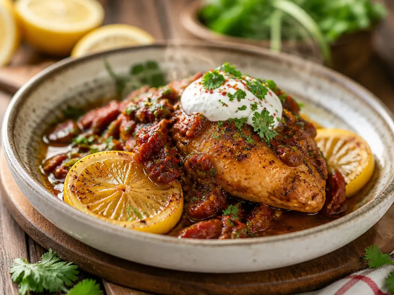 Creamy sun-dried tomato chicken topped with lemon slices and fresh parsley in a skillet