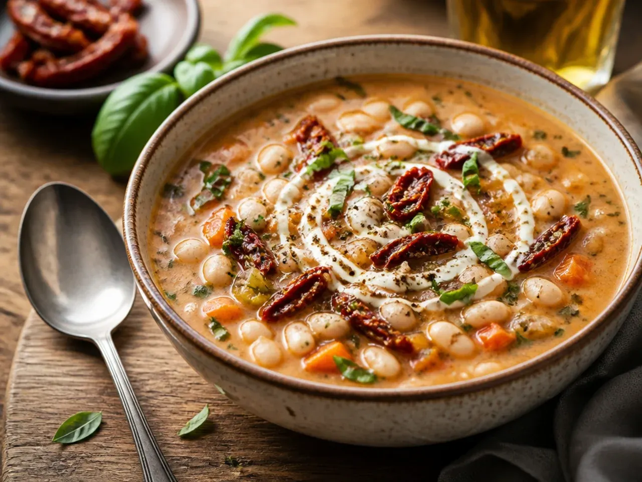 A bowl of hearty white bean and sun-dried tomato soup with kale and a swirl of olive oil