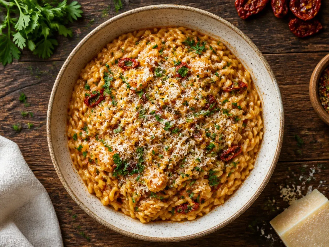 A pan of creamy orzo pasta studded with sun-dried tomatoes and fresh parsley