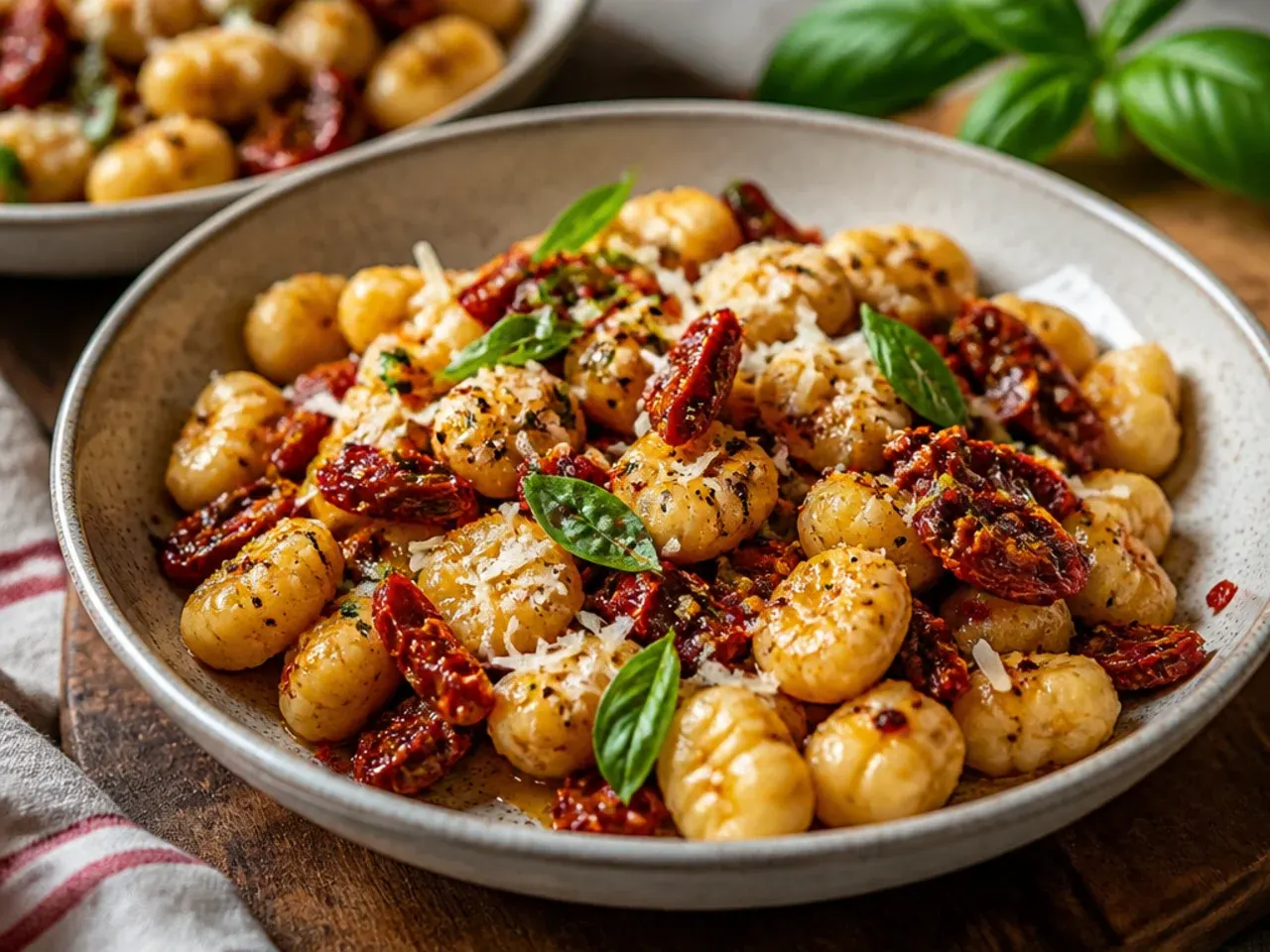 Golden pan-fried gnocchi coated in a creamy sun-dried tomato sauce in a cast iron skillet
