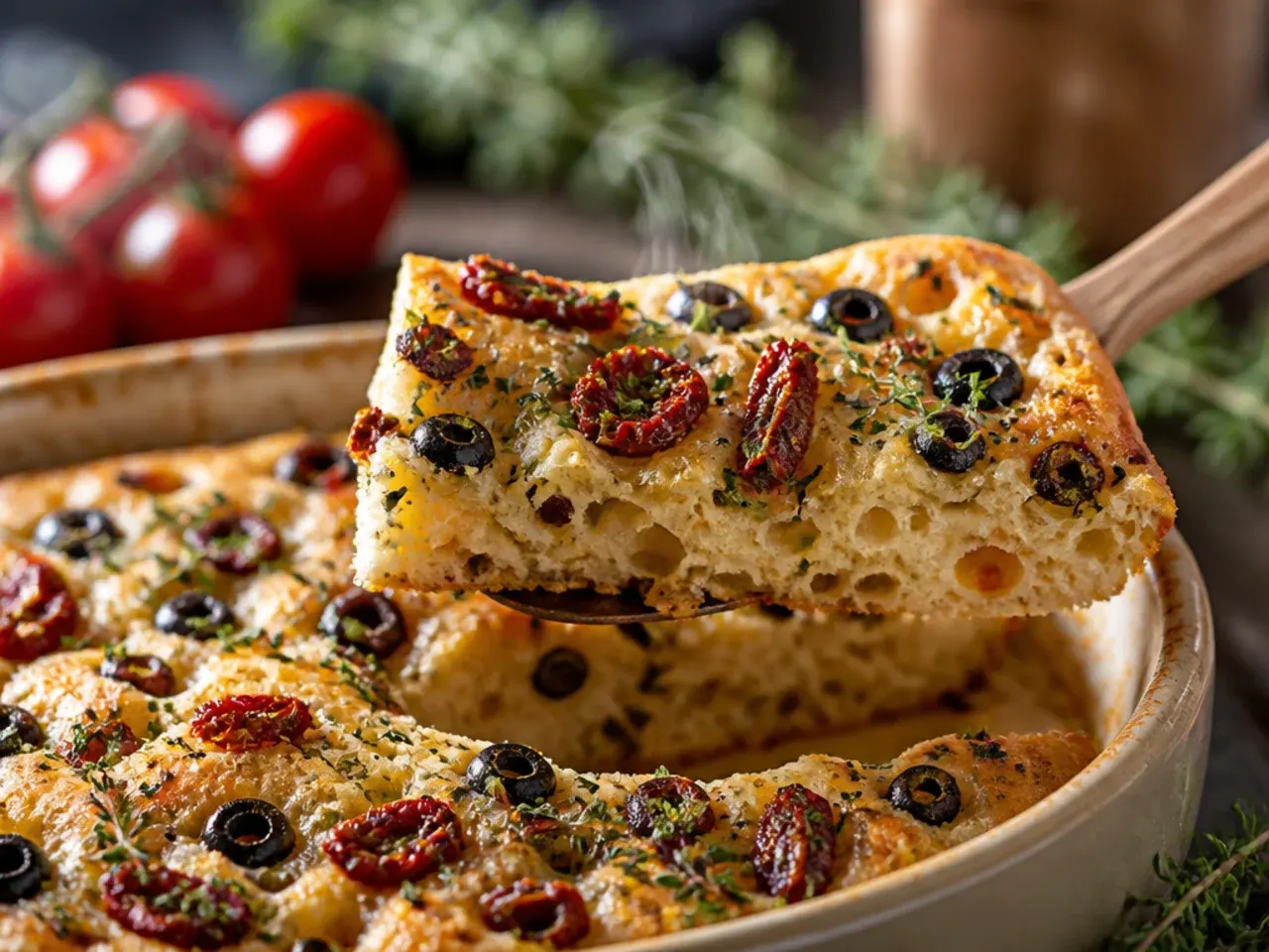 A golden focaccia loaf studded with sun-dried tomatoes and black olives, sliced on a wooden board