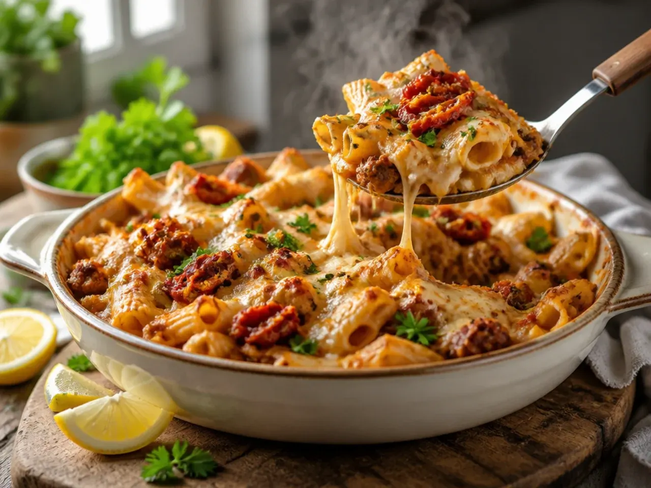 A baking dish of penne pasta with sausage and sun-dried tomatoes topped with bubbling golden mozzarella