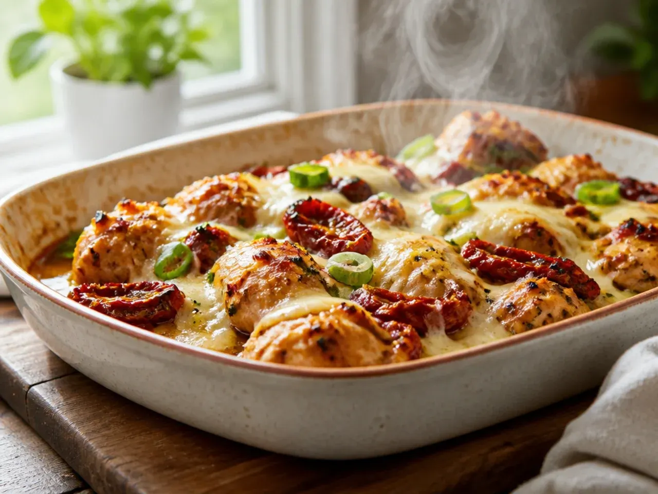 A sheet pan traybake of roasted chicken thighs, potatoes and sun-dried tomatoes fresh from the oven