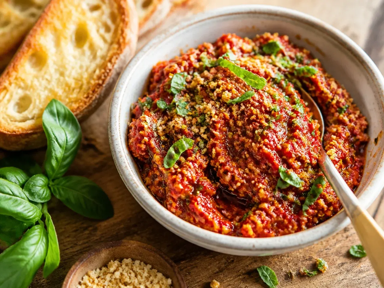 A jar of thick sun-dried tomato pesto with pine nuts visible, next to a spoon and fresh basil