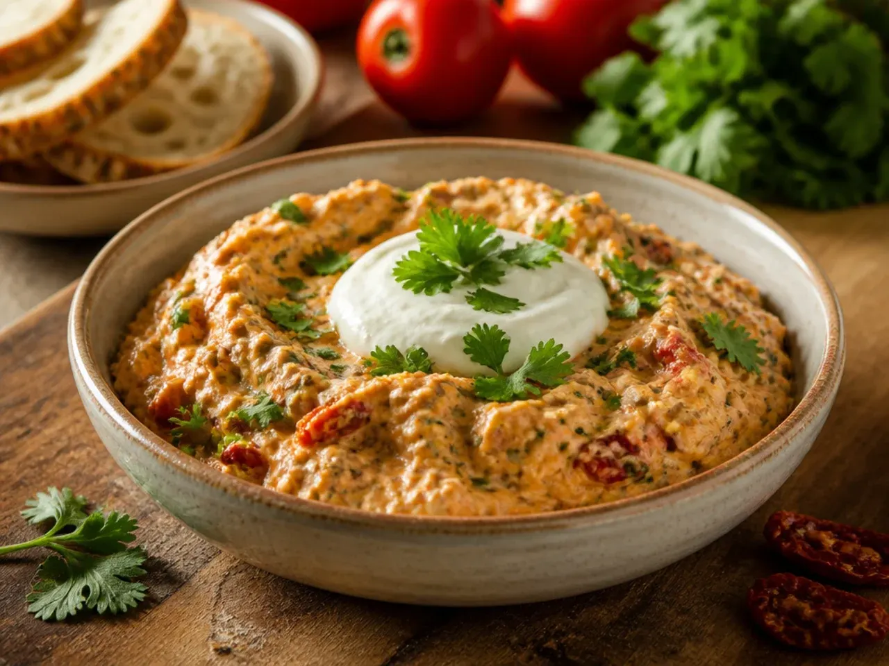 A bowl of chunky sun-dried tomato and feta dip garnished with chives, surrounded by pitta bread