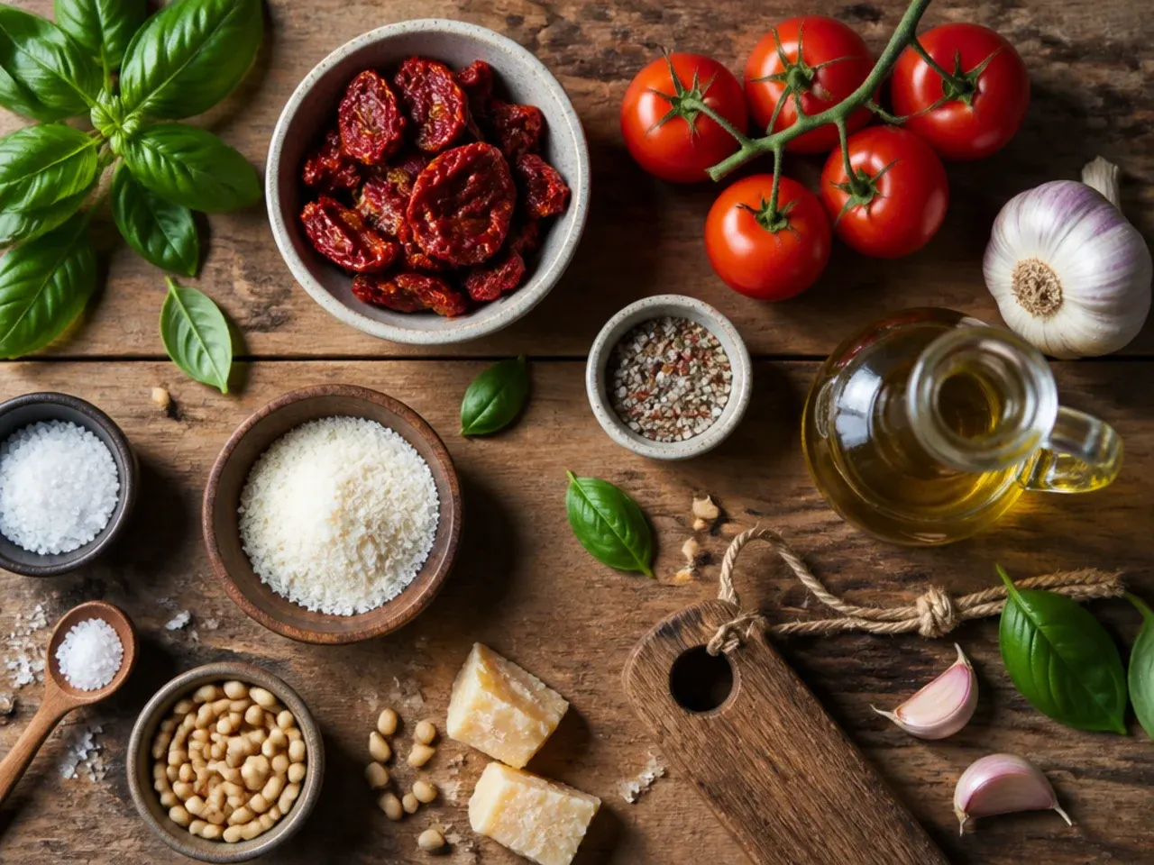 Close-up of hands chopping oil-packed sun-dried tomatoes with kitchen scissors on a wooden board
