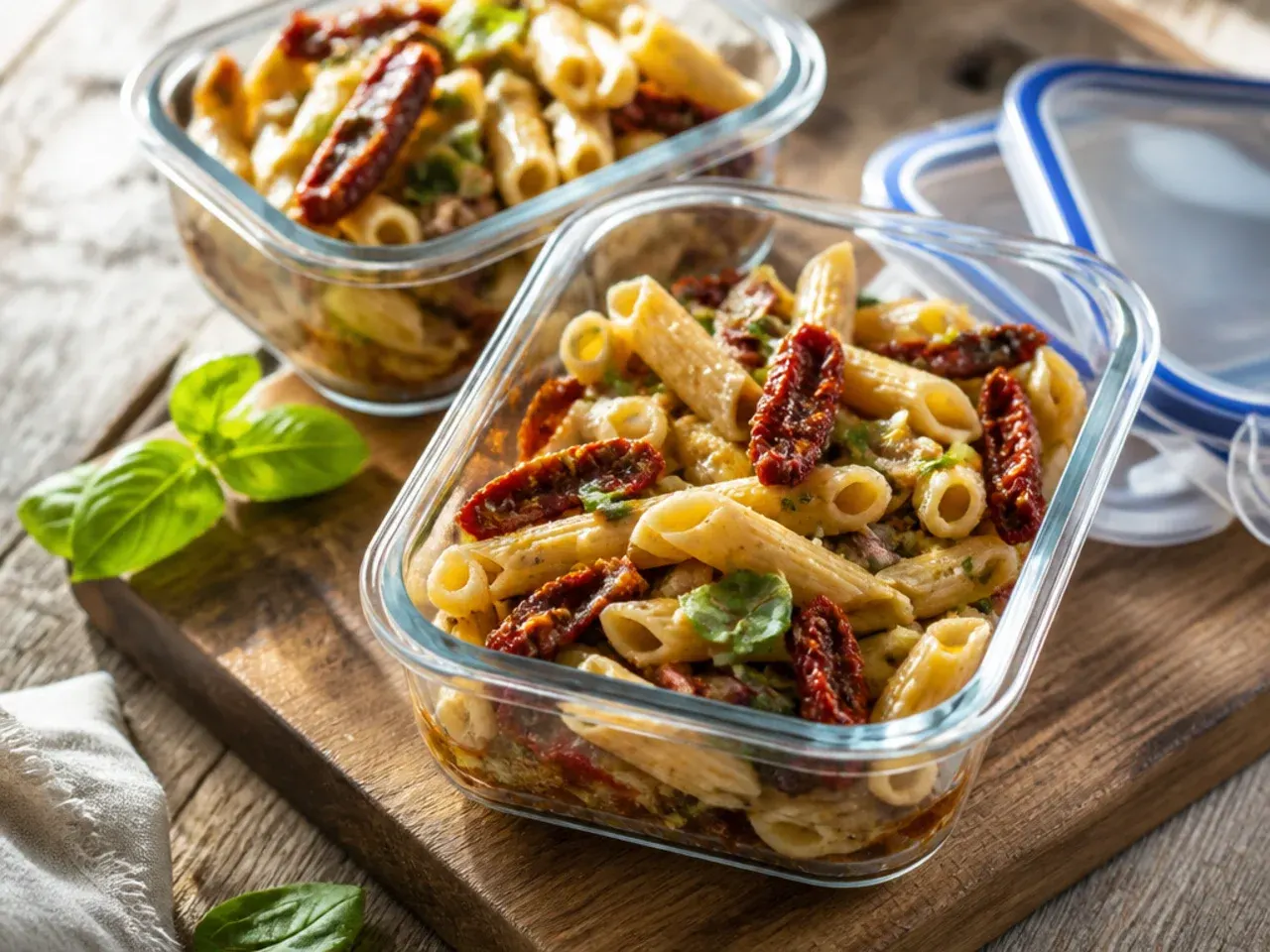 Glass meal-prep containers filled with sun-dried tomato chicken and pasta ready for the fridge