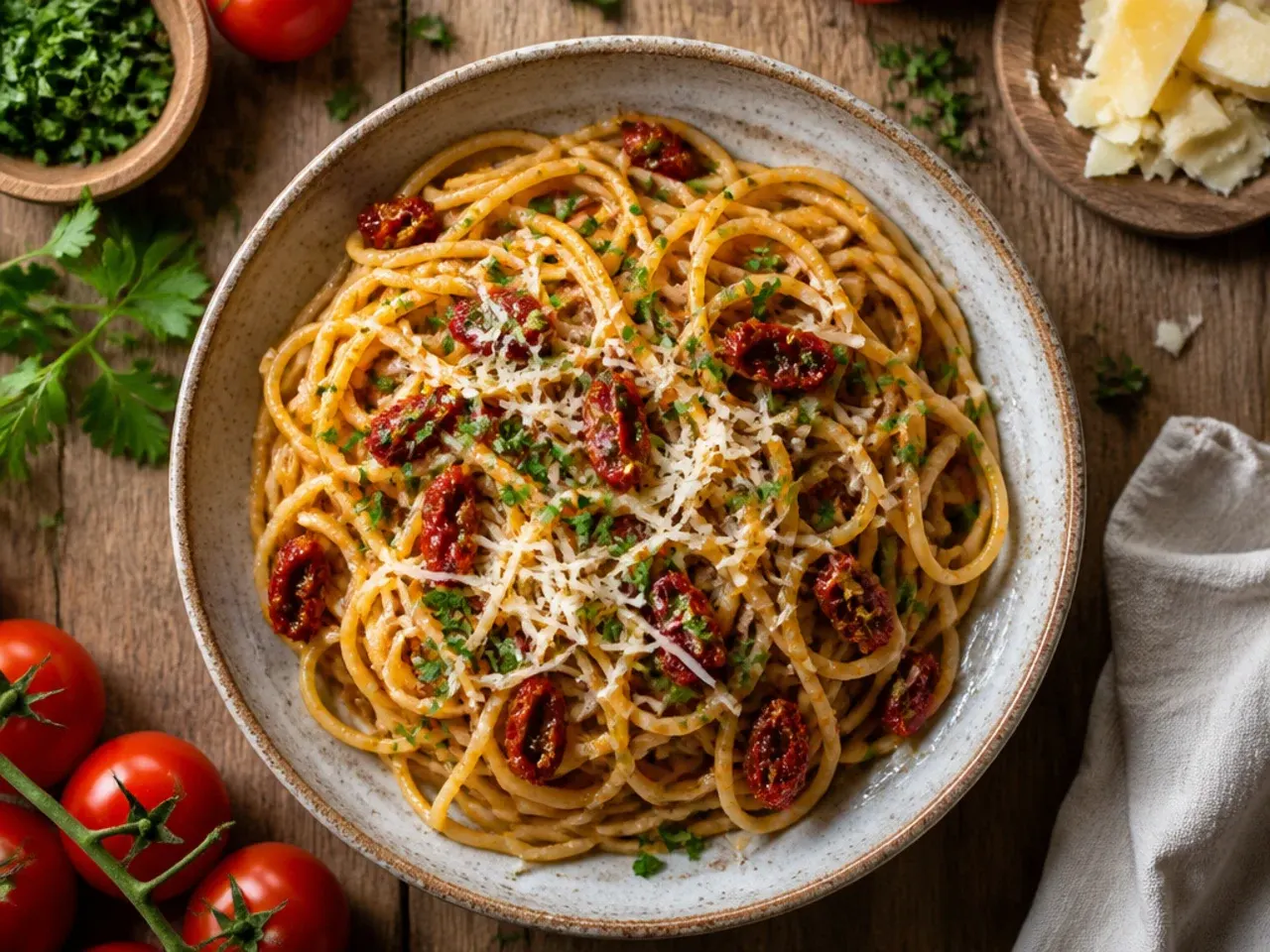 Bowl of creamy sun-dried tomato pasta twirled around a fork, garnished with basil and Parmesan.