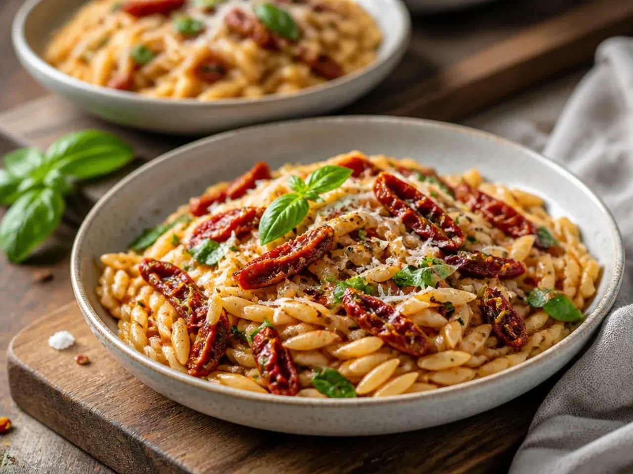 Skillet of sun-dried tomato orzo with wilted spinach and a wooden spoon resting on the rim.