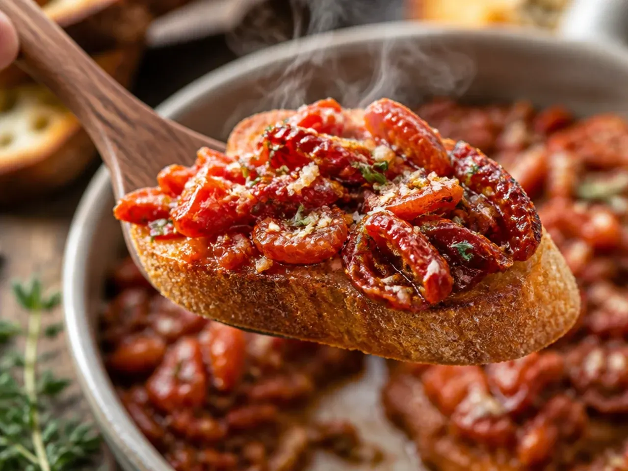 Toasted baguette slices topped with fresh and sun-dried tomato bruschetta on a serving board.