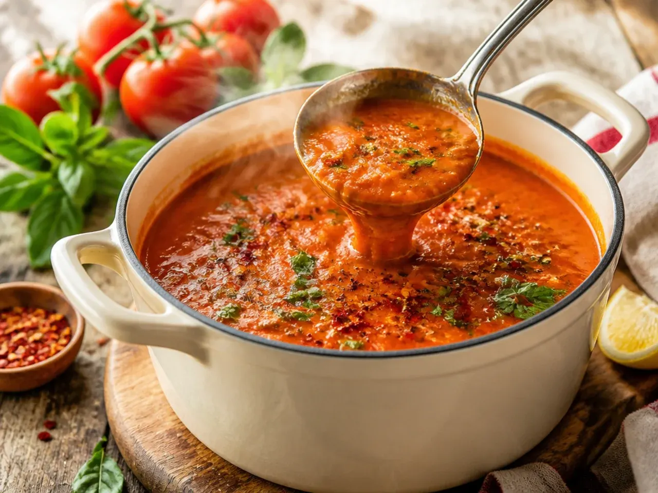 Bowl of creamy sun-dried tomato soup with a swirl of cream and basil leaves on top.