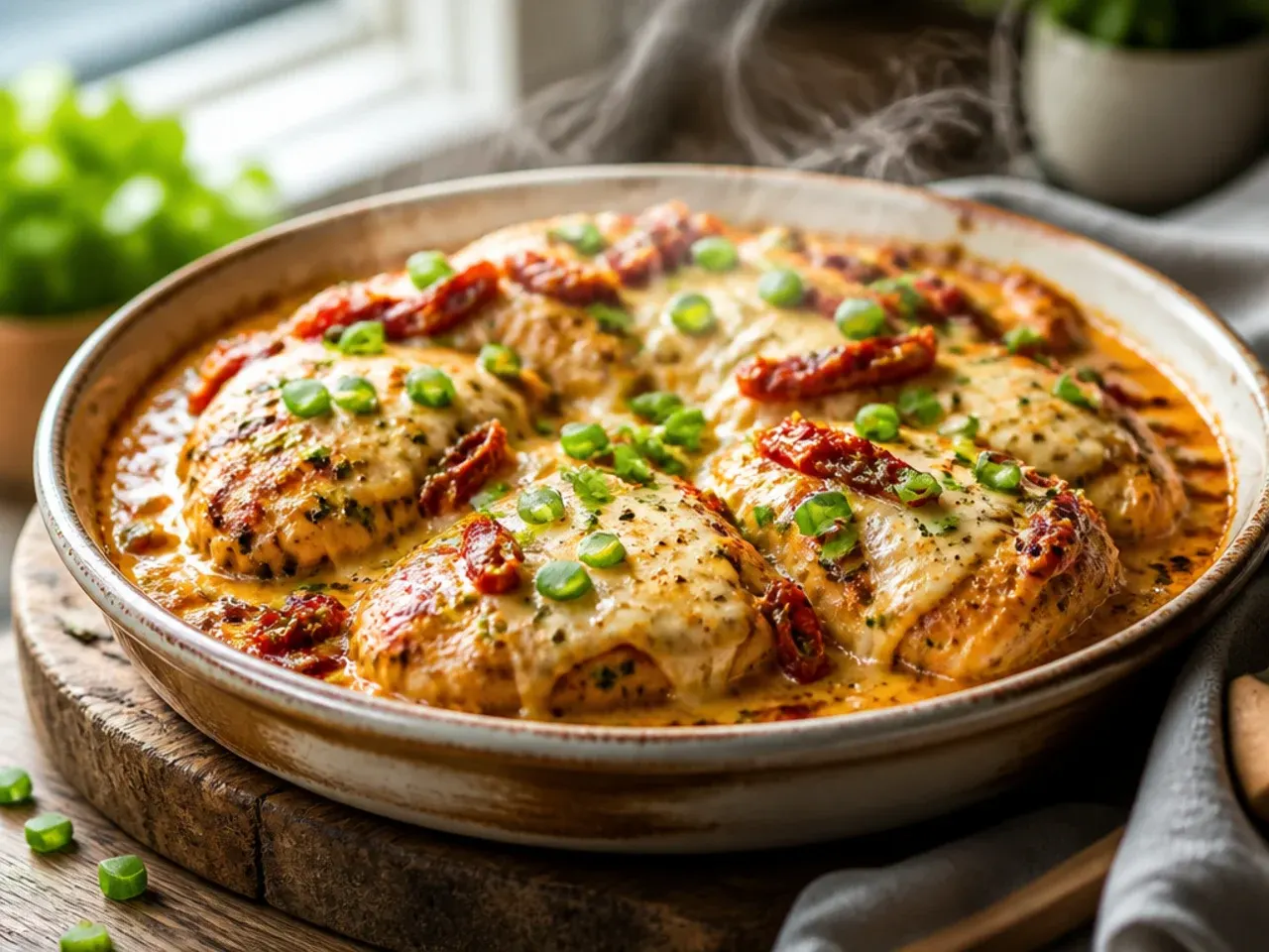 Skillet of creamy sun-dried tomato chicken with wilted spinach, ready to serve.