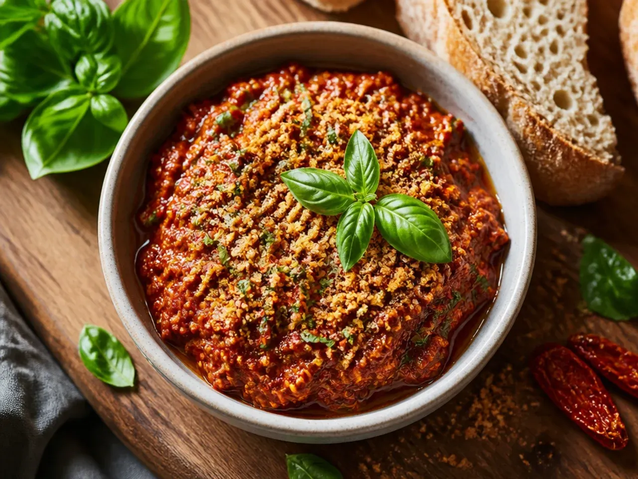 Small jar of red sun-dried tomato pesto with a spoon and scattered pine nuts.