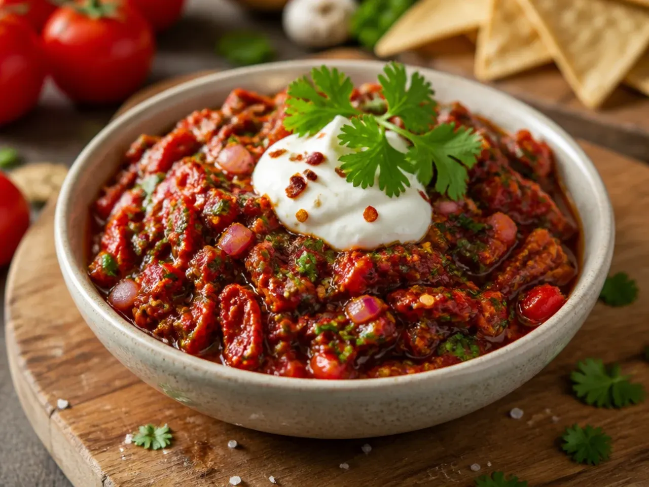 Small bowl of chunky sun-dried tomato and chilli salsa with lime wedges alongside.
