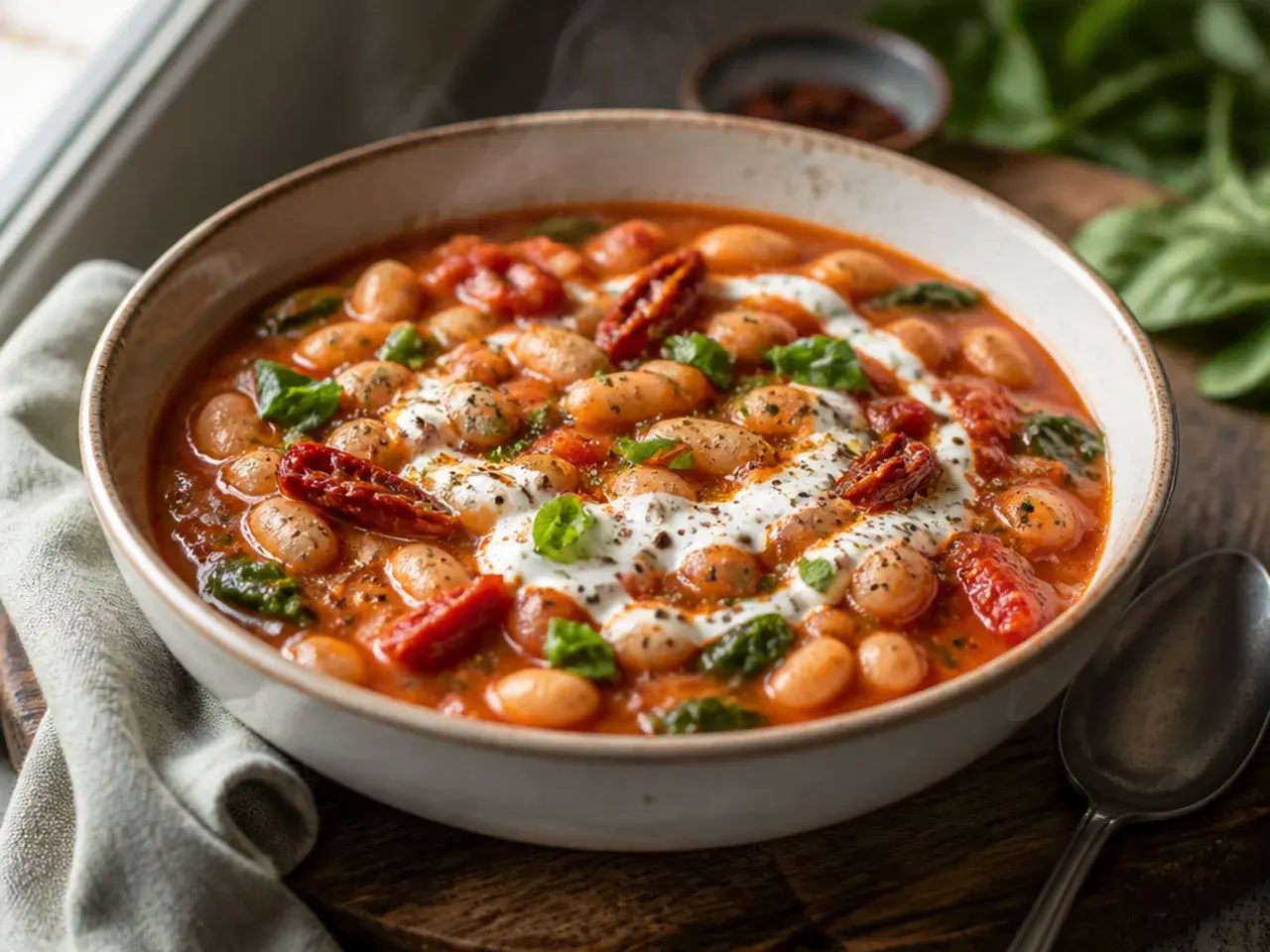 Pot of white bean and sun-dried tomato stew with a drizzle of olive oil on top.