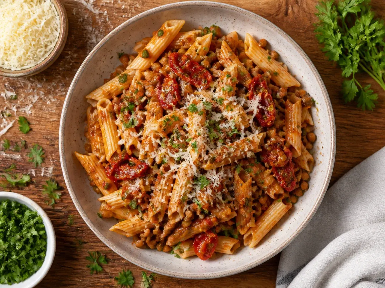 Bowl of lentil and sun-dried tomato pasta with a fork twirled through it.