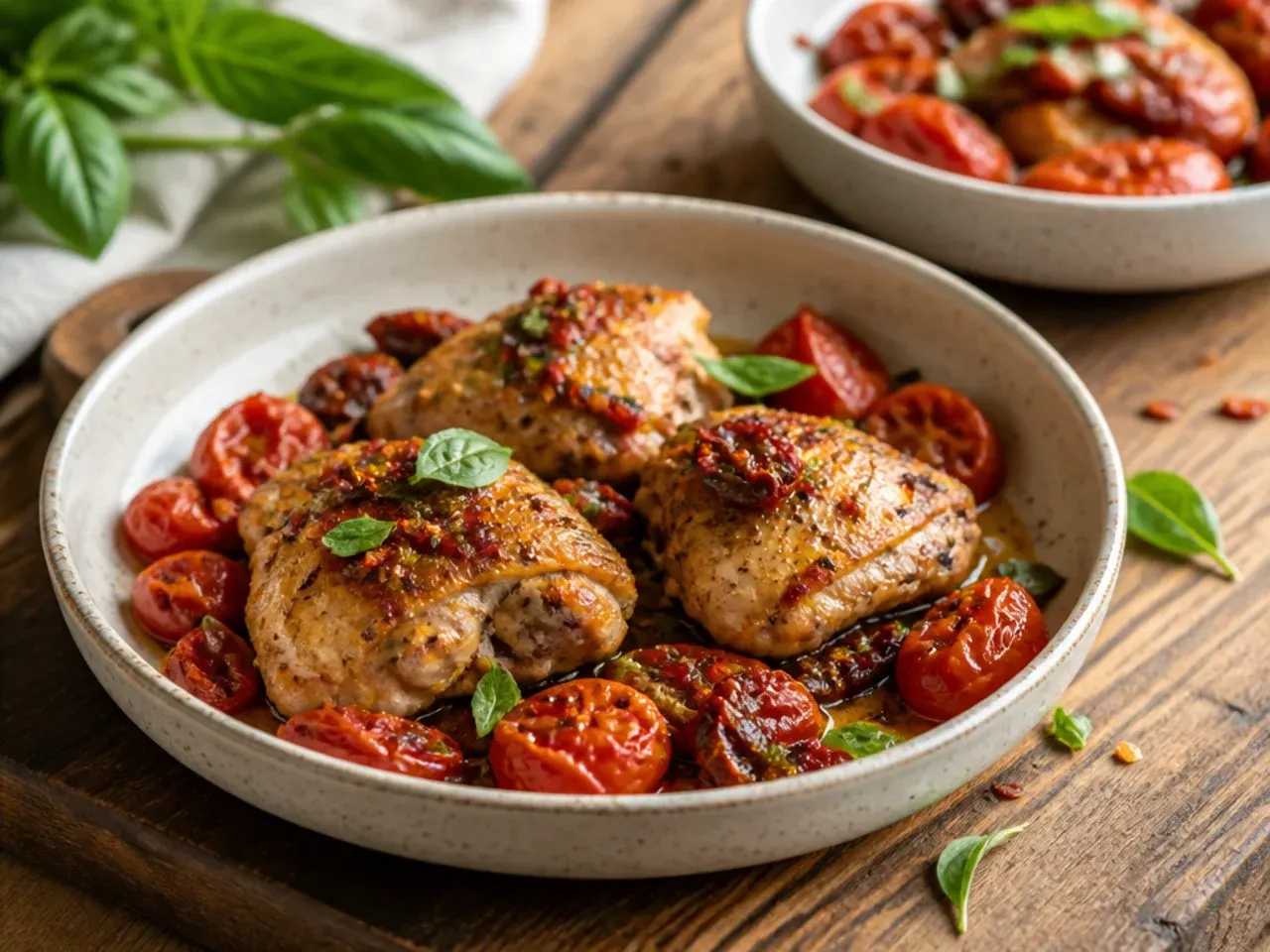 Sheet pan of roasted chicken thighs with crisped sun-dried tomatoes and garlic.