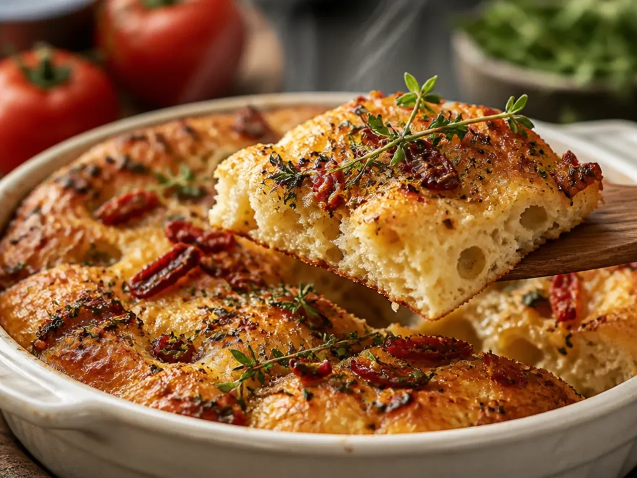 Golden focaccia bread studded with sun-dried tomatoes and rosemary, fresh from the oven.