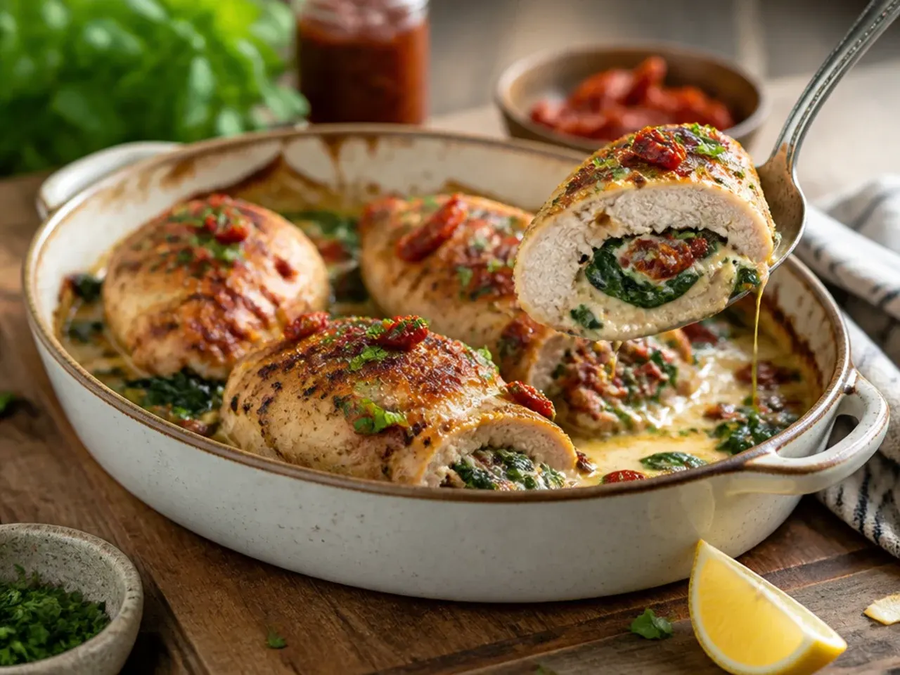 Sliced stuffed chicken breast showing a spiral of sun-dried tomato and spinach filling.