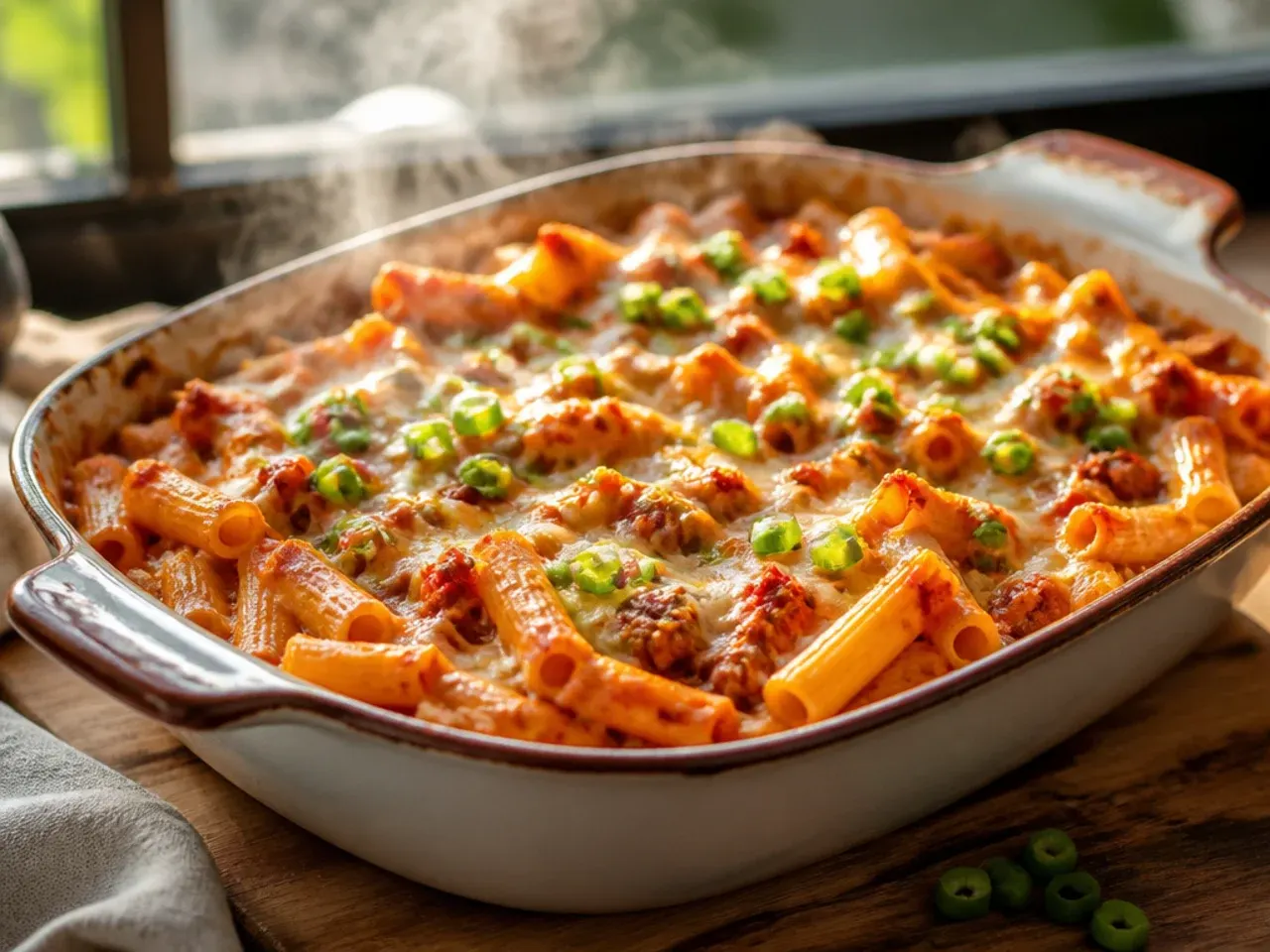 Baking dish of bubbling sun-dried tomato baked ziti with melted mozzarella on top.