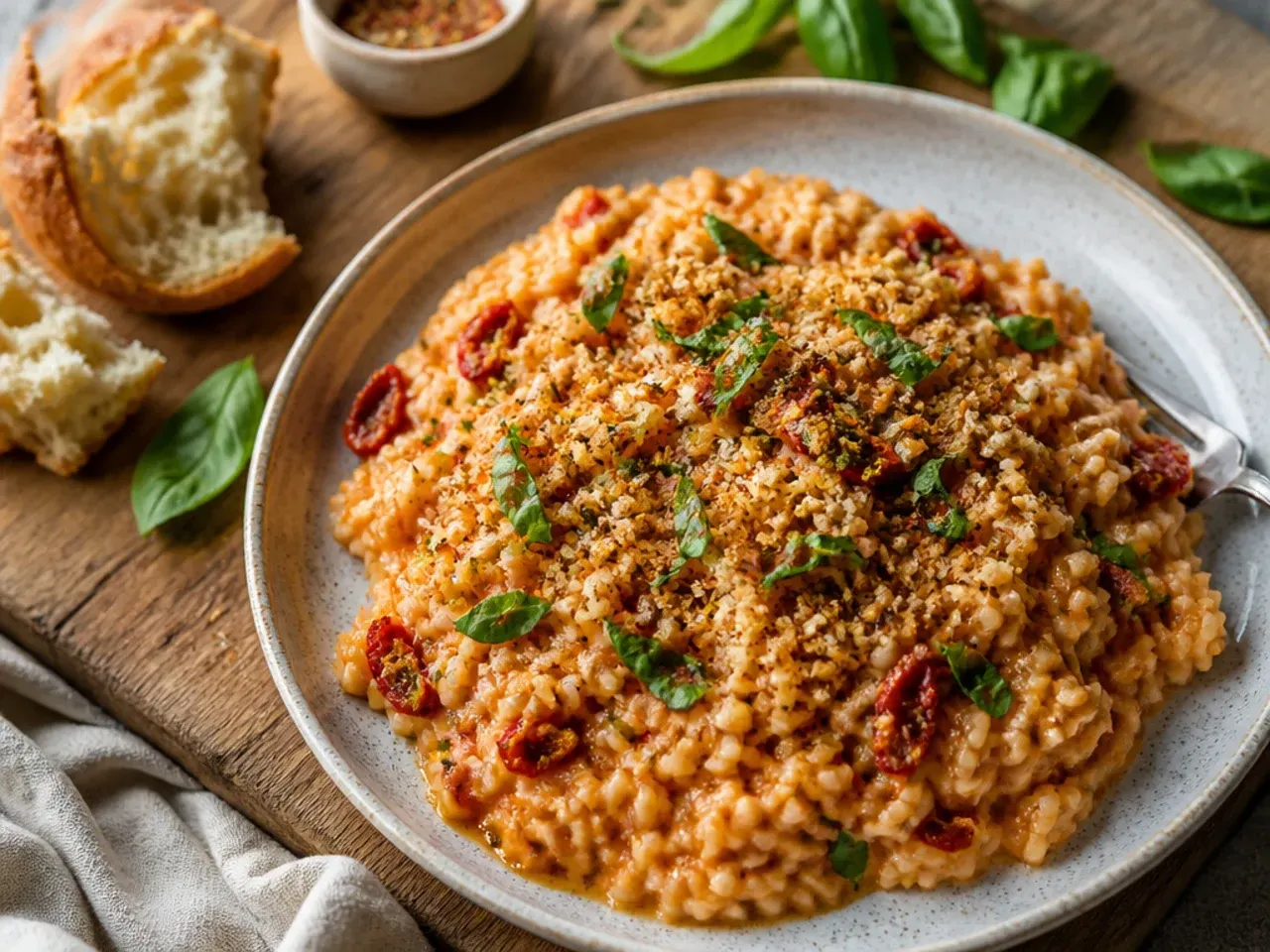 Creamy sun-dried tomato risotto in a wide bowl, garnished with Parmesan shavings.