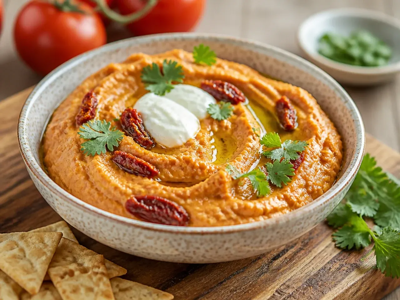 Bowl of sun-dried tomato hummus drizzled with olive oil, with flatbread on the side.