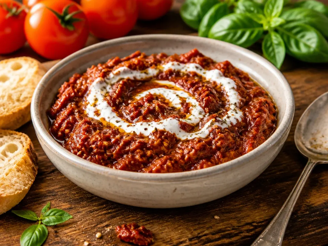 Small dish of coarse sun-dried tomato and olive tapenade with crackers alongside.