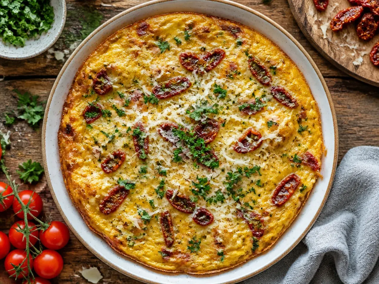 Wedge of sun-dried tomato and feta frittata on a plate, showing the egg layers.