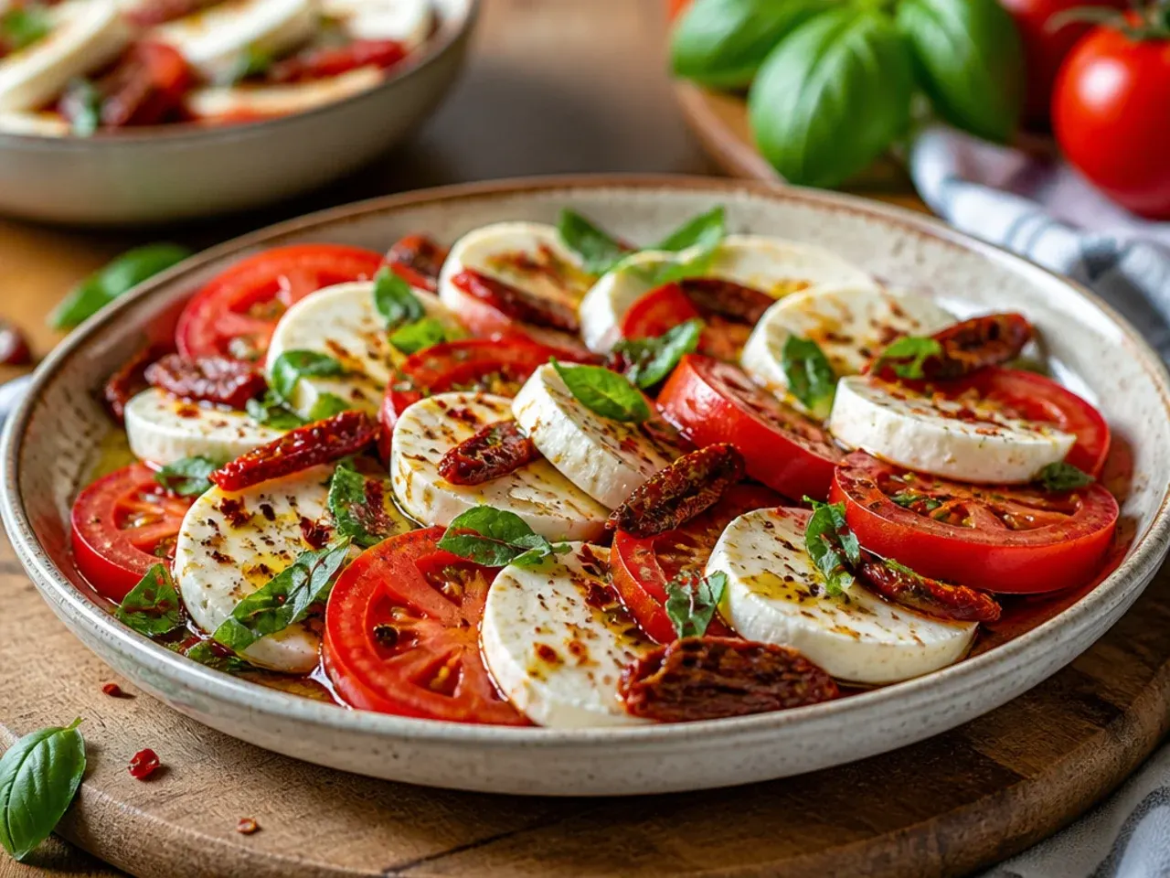 Caprese salad platter with fresh tomato, mozzarella, basil, and chopped sun-dried tomato.
