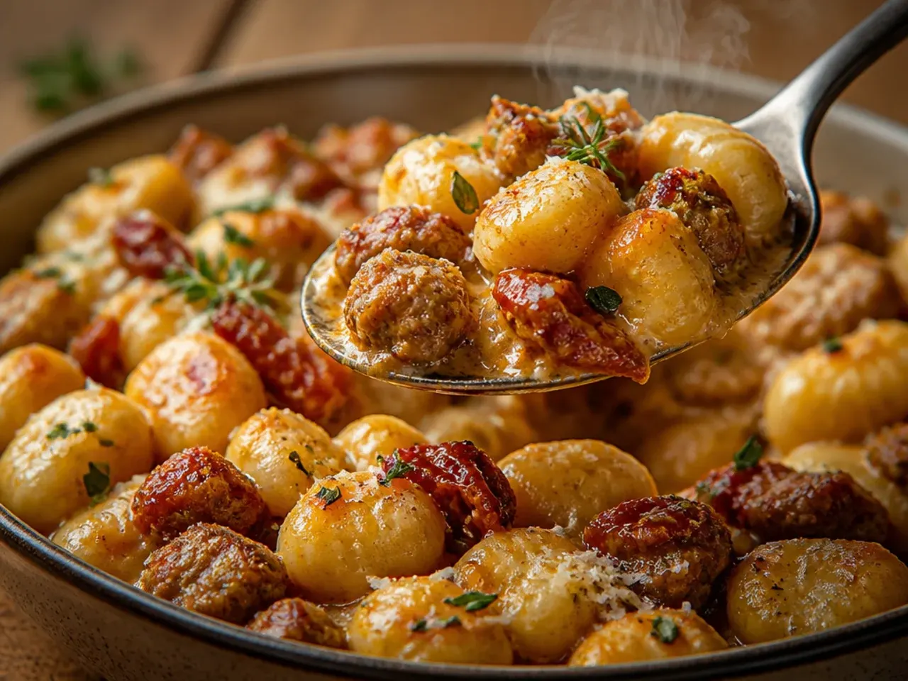 Pan of gnocchi with sausage and sun-dried tomato cream sauce, garnished with parsley.